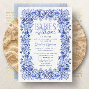 Twins Babies In Bloom Blue Floral Baby Shower Invitation