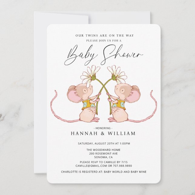 Twins Baby Baby Shower Baby Mice Invitation (Front)