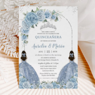 Twins Baby Blue Floral Dress Silver Quinceañera  Invitation