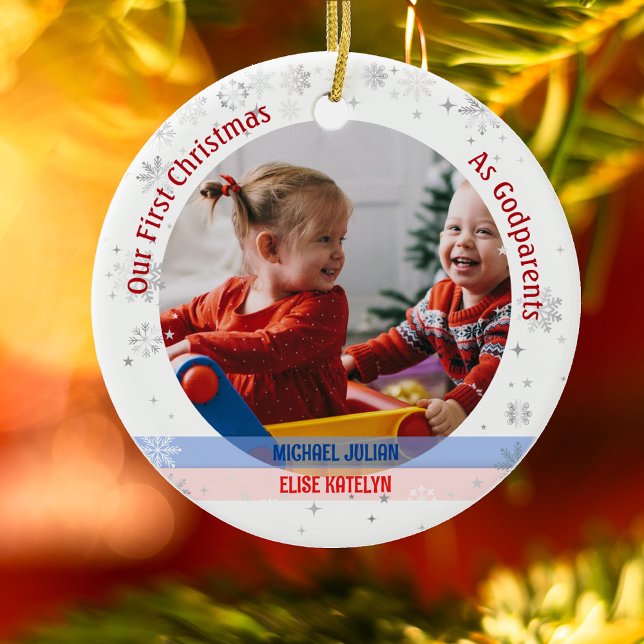 Twins Baby Boy Girl 1st Xmas As Godparents Photos Ceramic Ornament (Our First Christmas as Godparents of Twin Boy and Girl. Snowflakes. Cute Swaddled Babies)