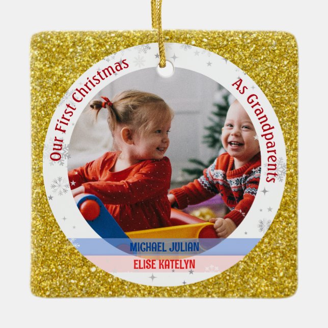 Twins Baby Boy Girl 1st Xmas Grandparents Photos Ceramic Ornament (Front)