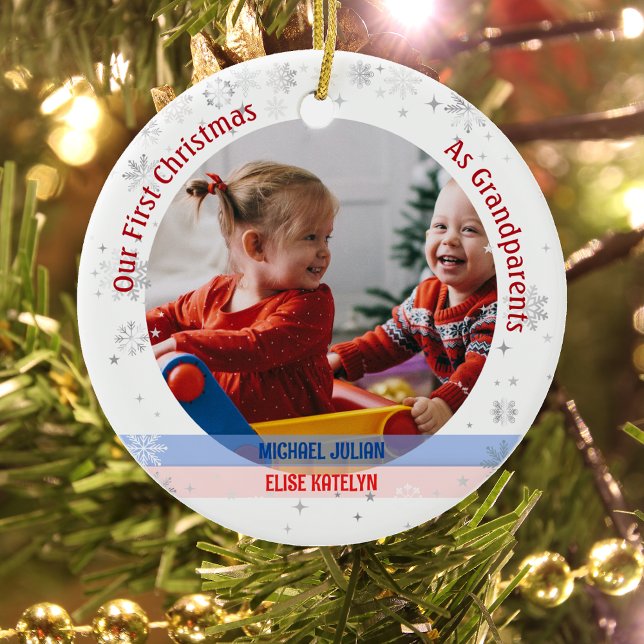 Twins Baby Boy Girl 1st Xmas Grandparents Photos Ceramic Ornament (Our First Christmas as Greatparents of Twin Boy and Girl. Snowflakes. Cute Swaddled Babies)