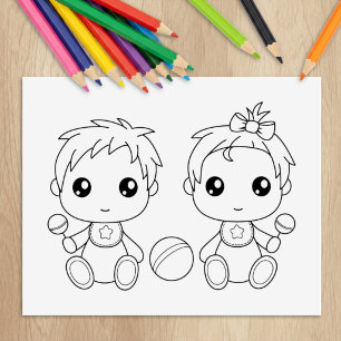 Twins Baby Boy Girl Colouring Page Rubber Stamp
