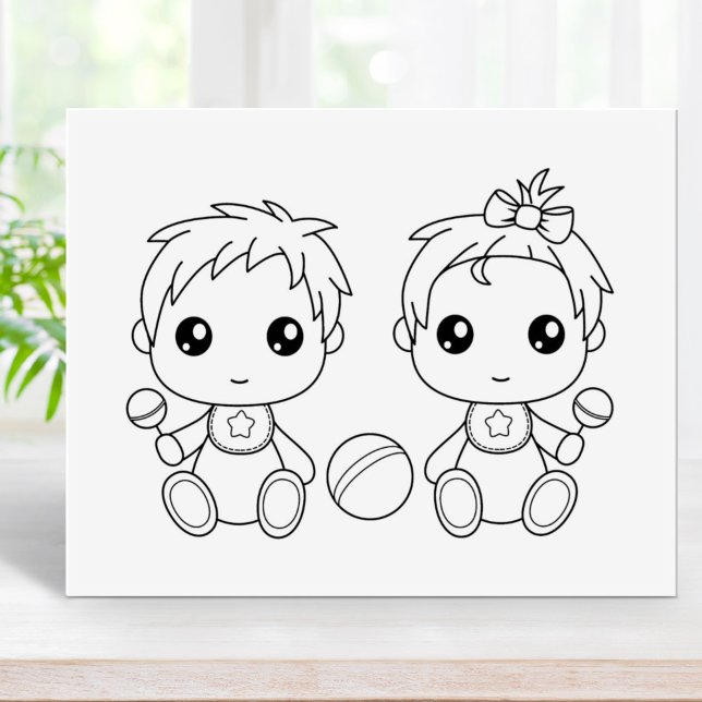 Twins Baby Boy Girl Colouring Page Rubber Stamp (Creator Uploaded)