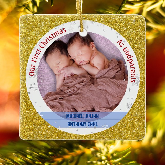 Twins Baby Boys 1st Xmas As Godparents 2 Photos Ceramic Ornament (Elegant Modern Cute Golden Our First Christmas as Godparents Twin Boys Photo Swaddled Baby Glitter)