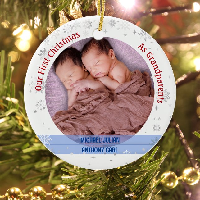 Twins Baby Boys 1st Xmas As Grandparents 2 Photos Ceramic Ornament (Our First Christmas as Greatparents of Twin Boys. Snowflakes and Stars. Cute Swaddled Babies)