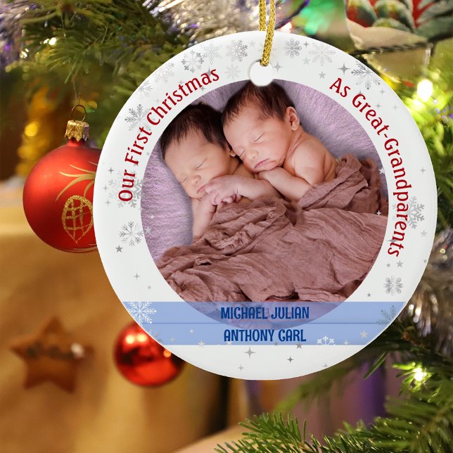 Twins Baby Boys 1st Xmas Great-Grandparents Photos Ceramic Ornament (Our First Christmas as Great-Greatparents of Twin Boys. Snowflakes and Stars. Cute Swaddled Babies)