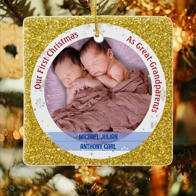 Twins Baby Boys 1st Xmas Great-Grandparents Photos Ceramic Ornament (Elegant Modern Cute Golden Our First Christmas as Great-Grandparents Twin Boys Photo Faux Glitter)