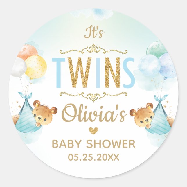 Twins Baby Boys Cute Bears Balloons Baby Shower  Classic Round Sticker (Front)