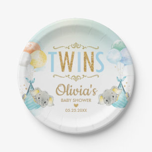 Twins Baby Boys Elephant Balloons Baby Shower Paper Plate