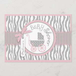 TWINS Baby Carriage, Zebra Print, Pink Baby Shower Invitation