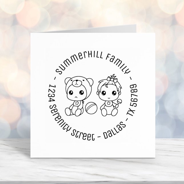 Twins Baby Girl Bear Family Round Address Self-inking Stamp (Creator Uploaded)