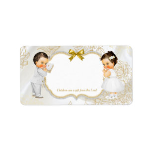 Twins Baby Girl Boy Baptism Christening Gold White Label