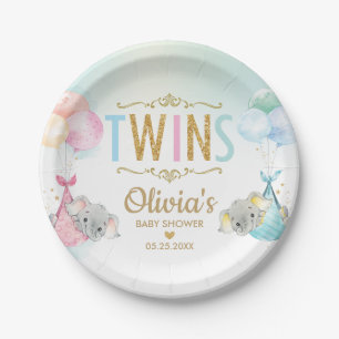 Twins Baby Girl Boy Elephant Balloons Baby Shower Paper Plate