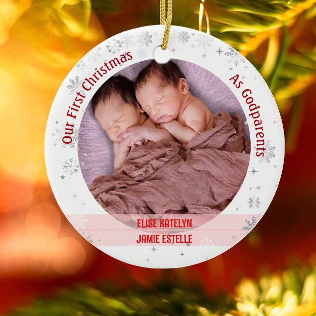 Twins Baby Girls 1st Xmas As Godparents 2 Photos Ceramic Ornament (Our First Christmas as Godparents of Twin Girls. Snowflakes and Stars. Cute Swaddled Babies)