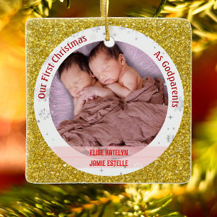 Twins Baby Girls 1st Xmas As Godparents 2 Photos Ceramic Ornament
