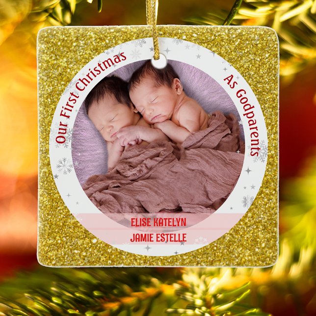 Twins Baby Girls 1st Xmas As Godparents 2 Photos Ceramic Ornament (Elegant Modern Cute Golden First Christmas as Godparents Twin Girls Photo Swaddled Babies Glitter)