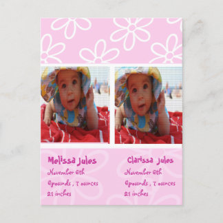 twins baby girls announcement photocard postcard
