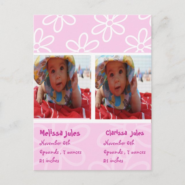 twins baby girls announcement photocard postcard (Front)