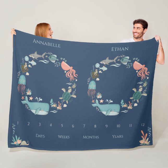 Twins Baby Milestone Blue Under the Sea Animal Fleece Blanket (In Situ)