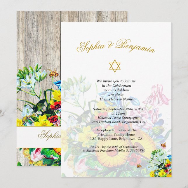 Twins Baby Naming Jewish Rustic Floral Invitation (Front/Back)
