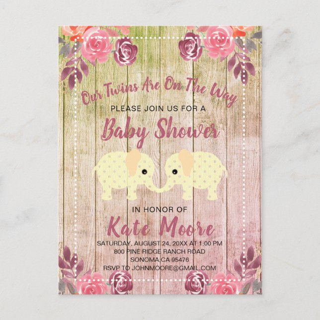 Twins Baby Shower Baby Elephants Invitation Postcard (Front)