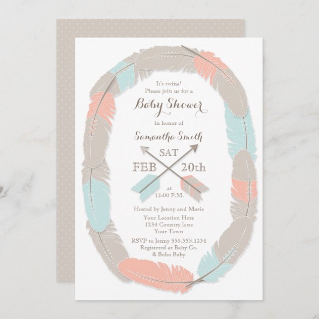 Twins Baby Shower Boho Tribal Boy/Girl Twin Invitation (Front/Back)