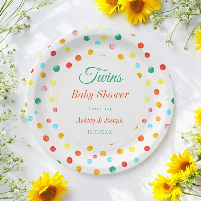 Twins Baby Shower Colourful Dots Pattern Paper Plate (Creator Uploaded)