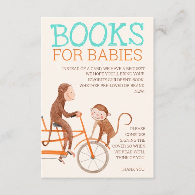 Twins Baby Shower Cute Monkey Double Trouble Books Enclosure Card (Front)