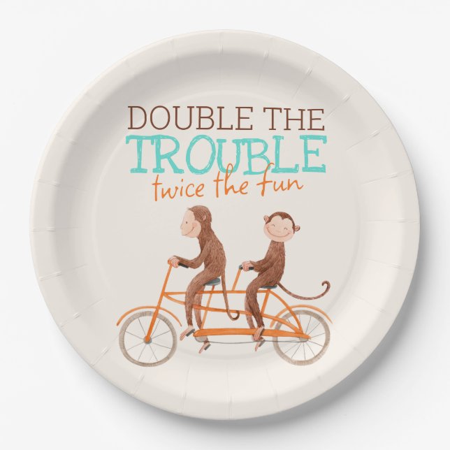 Twins Baby Shower Cute Monkey Double Trouble  Paper Plate (Front)
