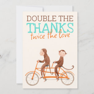 Twins Baby Shower Cute Monkey Double Trouble Thank You Card