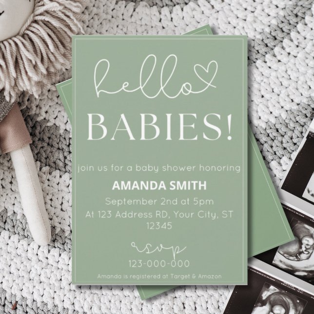 Twins Baby Shower, Hello Babies, Simple Typography Invitation (Creator Uploaded)