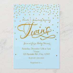 TWINS Baby Shower Light Blue & Gold Dot Invitation