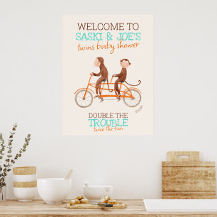 Twins Baby Shower Monkey Double Trouble Welcome Poster