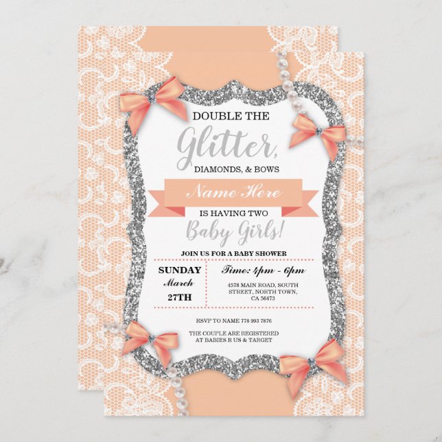 Twins Baby Shower Peach Lace Glitter Girl Bows Invitation (Front/Back)