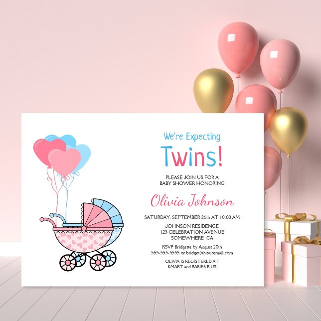 Twins Baby Shower Pink Blue Balloons and Stroller Invitation (Creator Uploaded)
