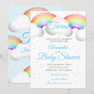 Twins Baby Shower Rainbow Clouds Blue Gold Spots Invitation
