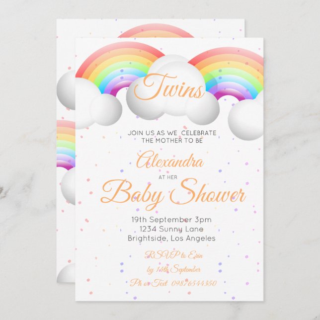 Twins Baby Shower Rainbow Clouds Colourful Spots Invitation (Front/Back)