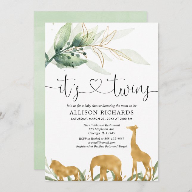 Twins baby shower safari animals greenery shower invitation (Front/Back)