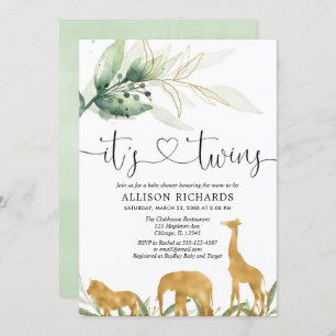 Twins baby shower safari animals greenery shower invitation