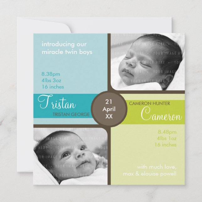 TWINS BABY THANK YOU :: cherished 2SQ Announcement (Front)