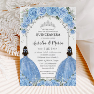 Twins Bahama Sky Blue Floral Silver Quinceañera  Invitation
