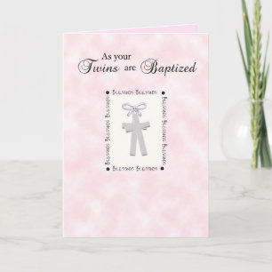 Twins Baptism Card on Pink with 2 Crosses