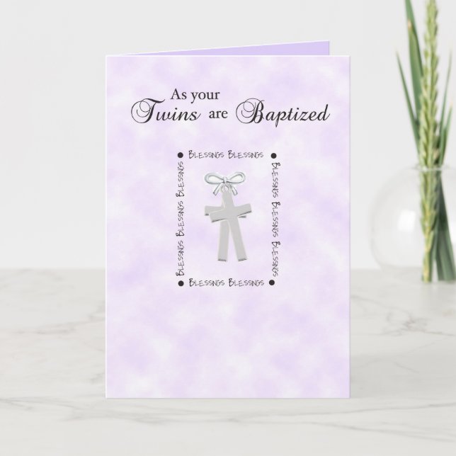 Twins Baptism Card on Purple with 2 Crosses (Front)