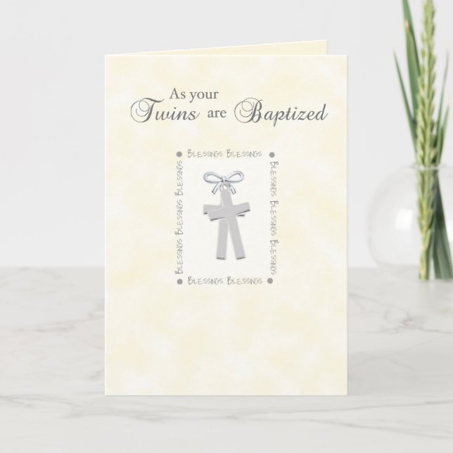 Twins Baptism Card on Yellow with 2 Crosses (Front)