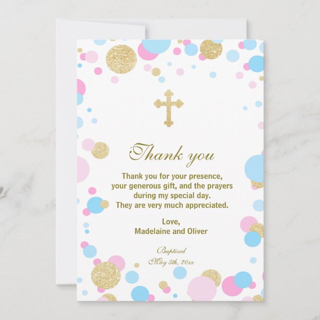 Twins Baptism Communion Thank You Card Pink Blue (Front)