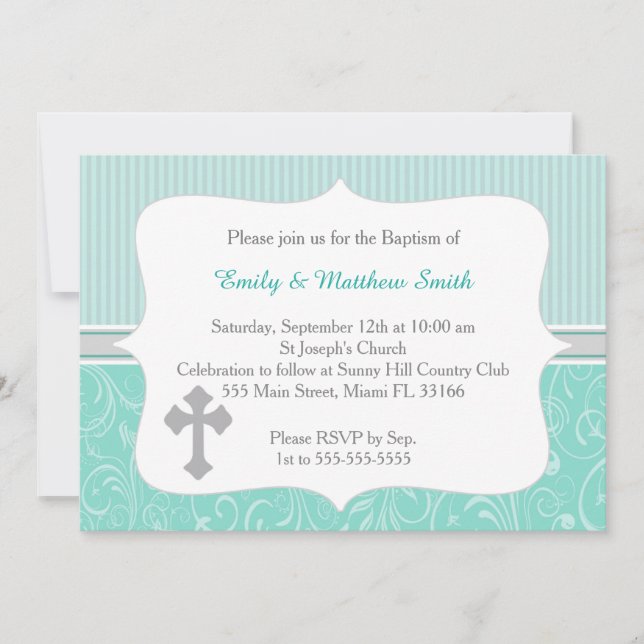Twins Baptism Invitation Cross Turquoise (Front)