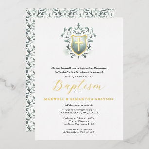 Twins Baptism Invitations Sage Green Crest