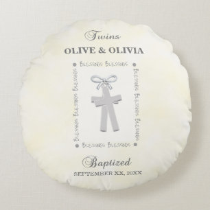 Twins Baptism on Yellow 2 Crosses Personalised Round Cushion