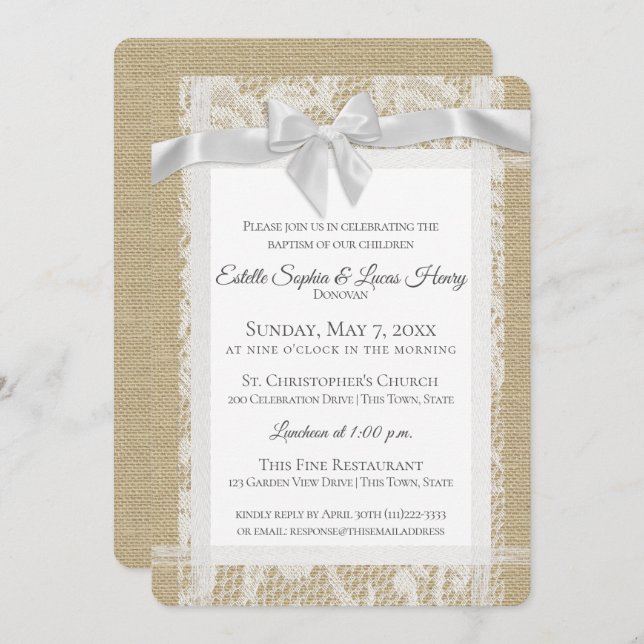 Twins Baptism White Bow Burlap and Lace Invitation (Front/Back)